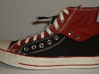Black and Brick Red Double Upper High Top Chucks  Outside view of a folded down left black and brick red double upper high top.