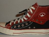 Black and Brick Red Double Upper High Top Chucks  Inside patch view of a folded down right black and brick red double upper high top.