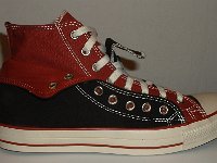 Black and Brick Red Double Upper High Top Chucks  Outside view of a folded down right black and brick red double upper high top.