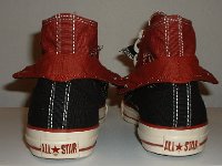 Black and Brick Red Double Upper High Top Chucks  Rear view of folded down black and brick red double upper high tops.
