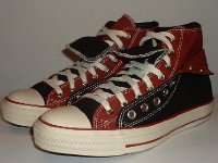 Black and Brick Red Double Upper High Top Chucks  Angled side view of folded down black and brick red double upper high tops.
