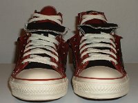 Black and Brick Red Double Upper High Top Chucks  Front view of folded down black and brick red double upper high tops.