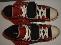 Black and Brick Red Double Upper High Top Chucks  Top view of folded down black and brick red double upper high tops.