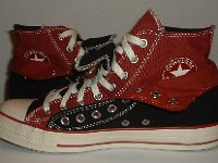 Black and Brick Red Double Upper High Top Chucks  Inside patch views of folded down black and brick red double upper high tops.