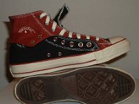 Black and Brick Red Double Upper High Top Chucks  Inside patch and sole views of folded down black and brick red double upper high tops.