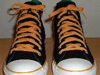 Black, Green, and Amber Foldover High Top Chucks  Front view of laced black, green, amber foldovers, showing one way to use the lacing snaps.