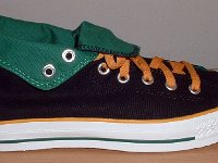 Black, Green, and Amber Foldover High Top Chucks  Outside view of a right black, green, amber foldover rolled down to the sixth eyelet.