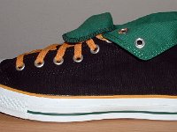 Black, Green, and Amber Foldover High Top Chucks  Outside view of a left black, green, amber foldover rolled down to the sixth eyelet.