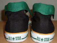 Black, Green, and Amber Foldover High Top Chucks  IRear view of black, green, amber foldovers rolled down to the sixth eyelet.