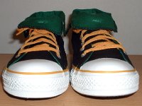 Black, Green, and Amber Foldover High Top Chucks  Front view of black, green, amber foldovers rolled down to the sixth eyelet.