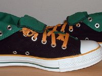 Black, Green, and Amber Foldover High Top Chucks  Inside patch views of black, green, amber foldovers rolled down to the sixth eyelet.