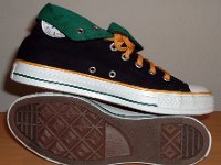 Black, Green, and Amber Foldover High Top Chucks  Inside patch and sole views of black, green, amber foldovers rolled down to the sixth eyelet.