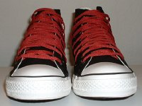 Black and Red Multiple Eyelet High Top Chucks  Front view of black and red multiple eyelet high tops.