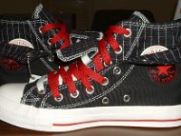 Black and Red Pinstripe Double Upper High Top Chucks  Inside patch views of black, red, and milk double upper high tops, with the outer uppers rolled down.