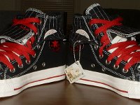 Black and Red Pinstripe Double Upper High Top Chucks  Angled front views of black, red, and milk double upper high tops, with the outer uppers rolled down.