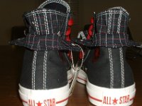 Black and Red Pinstripe Double Upper High Top Chucks  Rear view of black, red, and milk double upper high tops, with the outer upper rolled down.