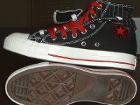 Black and Red Pinstripe Double Upper High Top Chucks  Inside patch and sole views of black, red, and milk double upper high tops, with the outer uppers rolled down.