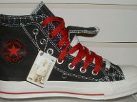 Black and Red Pinstripe Double Upper High Top Chucks  Inside patch view of a left black, red, and milk double upper high top, new with tag.