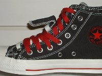 Black and Red Pinstripe Double Upper High Top Chucks  Inside patch view of a right black, red, and milk double upper high top.