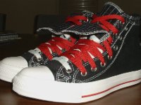 Black and Red Pinstripe Double Upper High Top Chucks  Angled side view of black, red, and milk double upper high tops.