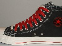 Black and Red Pinstripe Double Upper High Top Chucks  Inside patch view of a right black, red, and milk double upper high top.