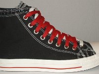 Black and Red Pinstripe Double Upper High Top Chucks  Outside view of a right black, red, and white double upper high top.