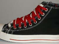 Black and Red Pinstripe Double Upper High Top Chucks  Outside view of a left black, red, and white double upper high top.
