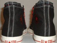 Black and Red Pinstripe Double Upper High Top Chucks  Rear view of black, red, and milk double upper high tops.