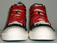 Black and Red Pinstripe Double Upper High Top Chucks  Front view of black, red, and milk double upper high tops.