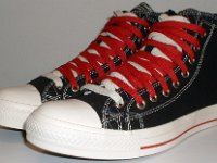 Black and Red Pinstripe Double Upper High Top Chucks  Angled side view of black, red, and milk double upper high tops.