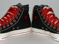 Black and Red Pinstripe Double Upper High Top Chucks  Angled front views of black, red, and milk double upper high tops.