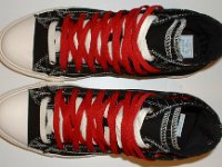 Black and Red Pinstripe Double Upper High Top Chucks  Top view of black, red, and milk double upper high tops.