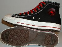 Black and Red Pinstripe Double Upper High Top Chucks  Inside patch and sole views of black, red, and milk double upper high tops.