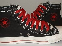 Black and Red Pinstripe Double Upper High Top Chucks  Inside patch views of black, red, and milk double upper high tops.
