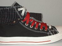 Black and Red Pinstripe Double Upper High Top Chucks  Outside view of a right black, red, and white double upper high top, with the outer upper rolled down.