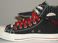 Black and Red Pinstripe Double Upper High Top Chucks  Inside patch view of a right black, red, and milk double upper high top, with the outer upper rolled down.