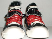 Black and Red Pinstripe Double Upper High Top Chucks  Front view of black, red, and milk double upper high tops, with the outer upper rolled down.