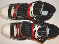 Black and Red Pinstripe Double Upper High Top Chucks  Top view of black, red, and milk double upper high tops, with the outer upper rolled down.