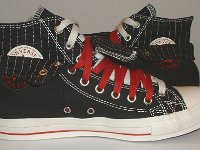 Black and Red Pinstripe Double Upper High Top Chucks  Inside patch views of black, red, and milk double upper high tops, with the outer uppers rolled down.