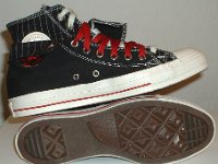 Black and Red Pinstripe Double Upper High Top Chucks  Inside patch and sole views of black, red, and milk double upper high tops, with the outer uppers rolled down.