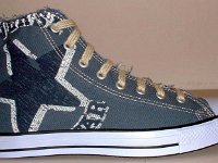 Blue Denim Distressed Graphic Star High Top Chucks  Right denim blue graphic star high top, outside view.