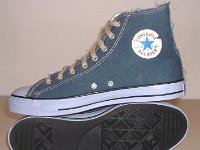 Blue Denim Distressed Graphic Star High Top Chucks  Denim blue graphic star high tops, inside patch and sole views.