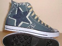 Blue Denim Distressed Graphic Star High Top Chucks  Blue denim graphic star high tops,right outside and sole views.