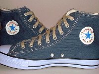 Blue Denim Distressed Graphic Star High Top Chucks  Denim blue graphic star high tops, inside patch views.