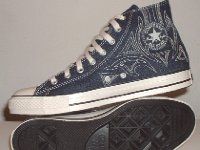 Blue Denim Embroidered High Top Chucks  Inside patch and sole views of blue denim high tops with stitched details.