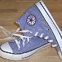 Blue High Top Chucks  Blue zipzag pattern high tops with fabric ankle patch, inside patch and partial top view.
