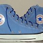 Blue High Top Chucks  Inside patch views of dusk blue high tops with narrow navy blue laces.
