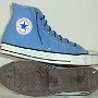 Blue High Top Chucks  Inside patch and sole views of dusk blue high tops with narrow navy blue laces.
