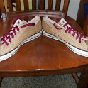 Brad Deniston Collection of Chucks  Angled side view of burlap low club chucks with maroon laces.