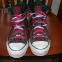 Brad Deniston Collection of Chucks  Front view of red and green plaid Christmas high tops